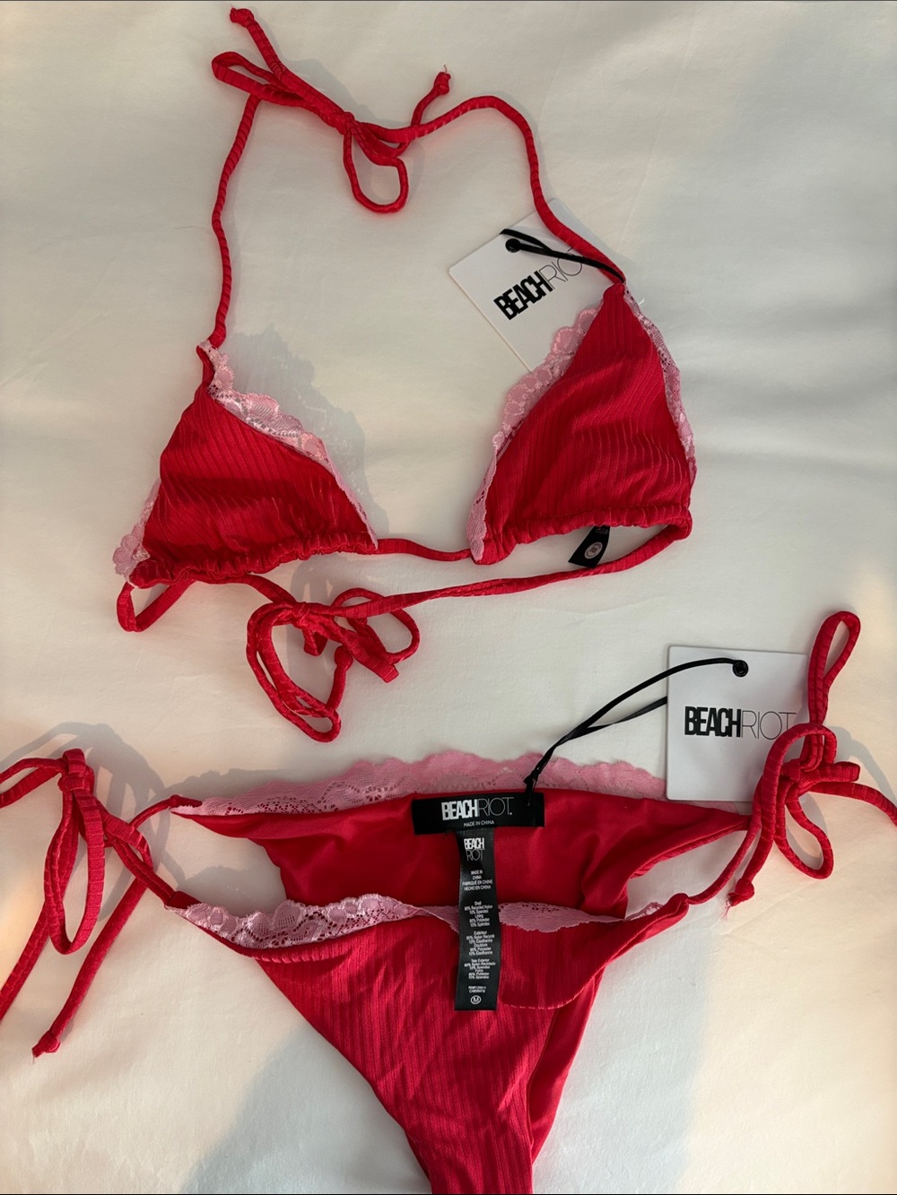 BEACH RIOT Red Lace-Trim Triangle Bikini Top & Bottom